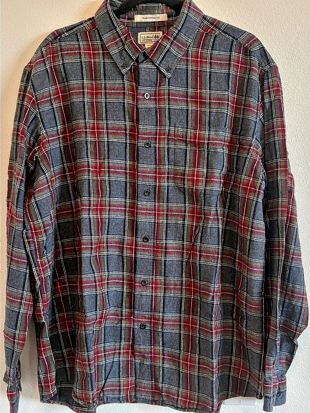 L.L.Bean Traditional Fit Plaid Flannel Shirt Gray & Red XL